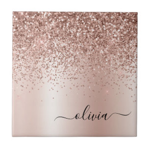 Rose Gold - Blush Pink Glitter Metal Monogram Name Tile