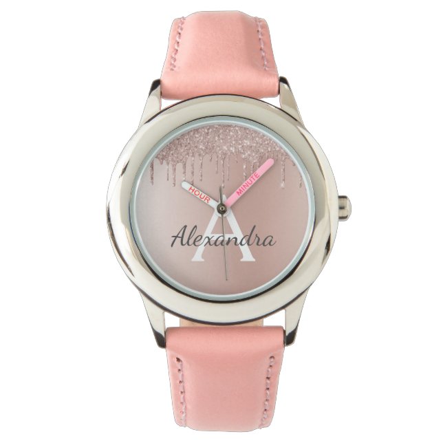 Rose Gold - Blush Pink Glitter Metal Monogram Name Watch (Front)