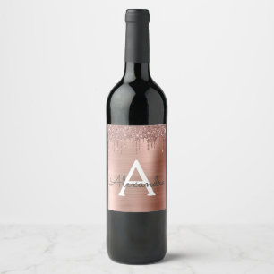 Rose Gold - Blush Pink Glitter Metal Monogram Name Wine Label