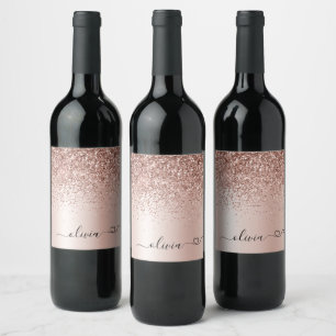 Rose Gold - Blush Pink Glitter Metal Monogram Name Wine Label