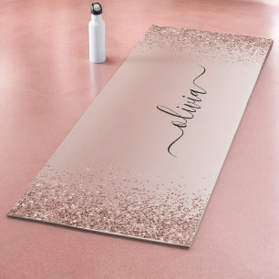 Rose Gold - Blush Pink Glitter Metal Monogram Name Yoga Mat