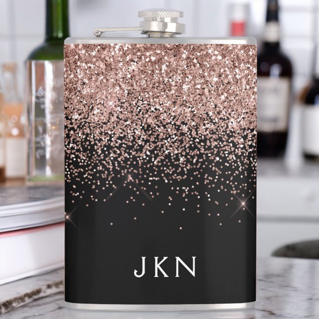 Rose Gold Blush Pink Glitter Monogram Initials Hip Flask (Creator Uploaded)