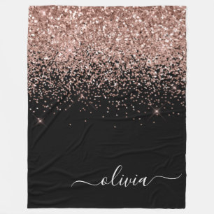 Rose Gold Blush Pink Glitter Script Monogram Fleece Blanket
