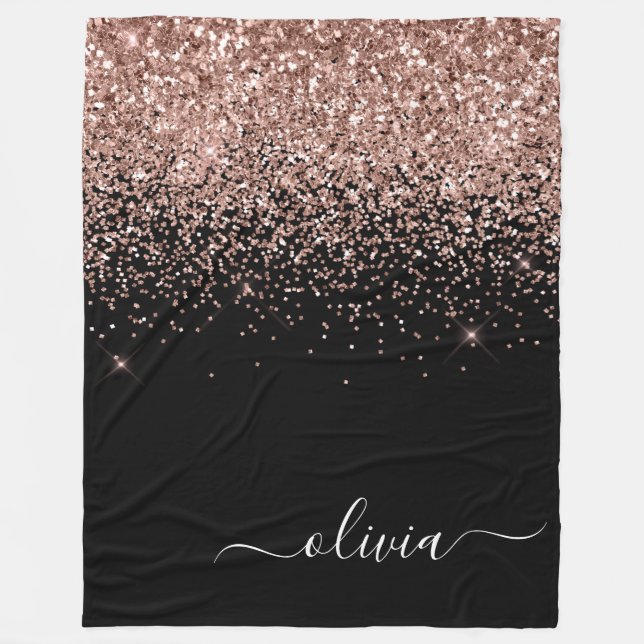 Rose Gold Blush Pink Glitter Script Monogram Fleece Blanket (Front)