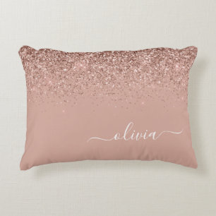 Rose Gold Blush Pink Glitter Script Monogram Girly Accent Pillow