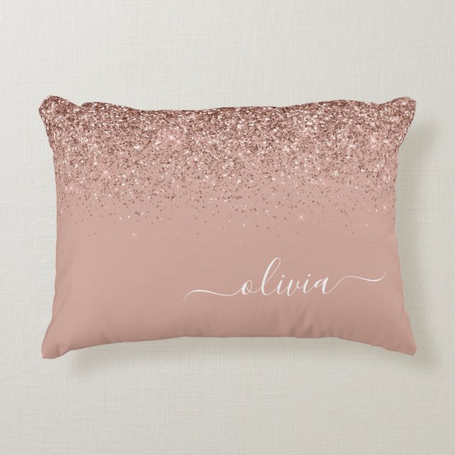 Rose Gold Blush Pink Glitter Script Monogram Girly Accent Pillow (Front)