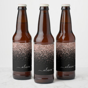 Rose Gold Blush Pink Glitter Script Monogram Girly Beer Bottle Label