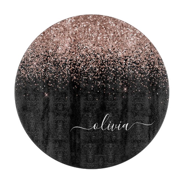 Rose Gold Blush Pink Glitter Script Monogram Girly Cutting Board (Front)