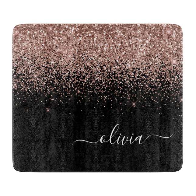 Rose Gold Blush Pink Glitter Script Monogram Girly Cutting Board (Front)