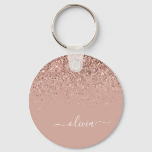 Rose Gold Blush Pink Glitter Script Monogram Girly Keychain