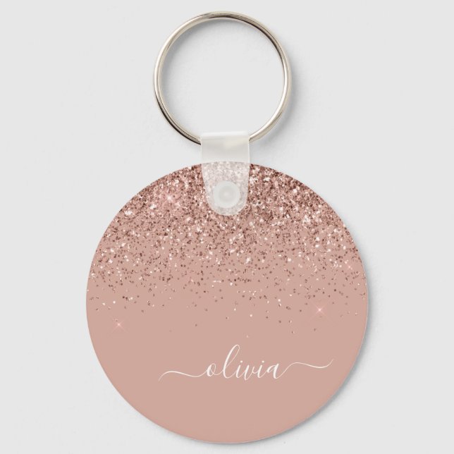 Rose Gold Blush Pink Glitter Script Monogram Girly Keychain (Front)