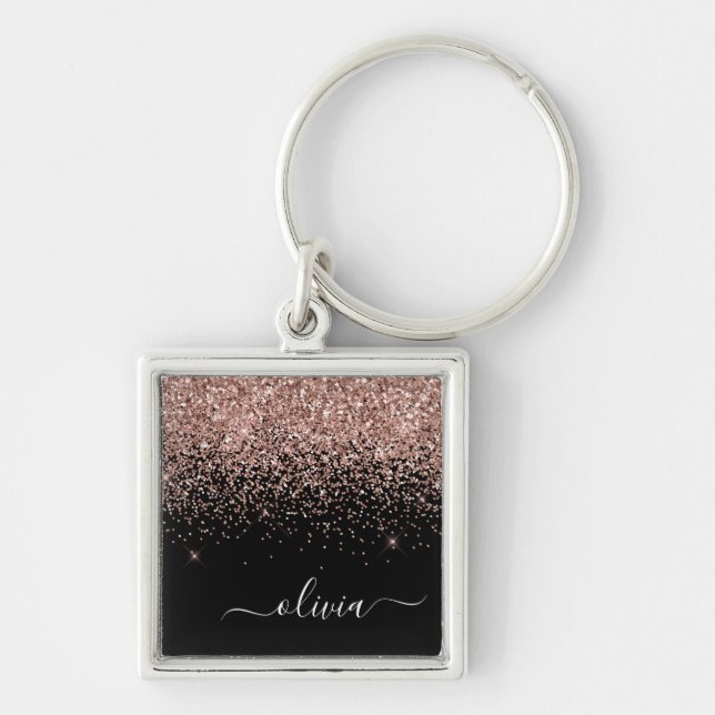 Rose Gold Blush Pink Glitter Script Monogram Girly Keychain (Front)