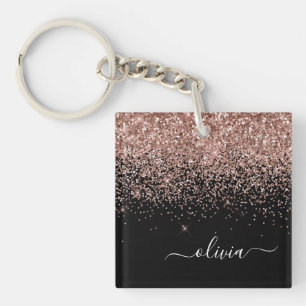 Rose Gold Blush Pink Glitter Script Monogram Girly Keychain