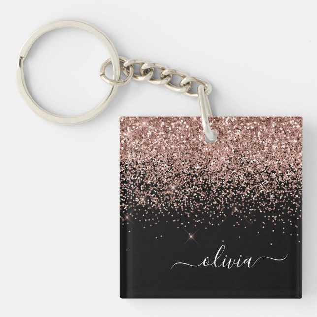 Rose Gold Blush Pink Glitter Script Monogram Girly Keychain (Front)