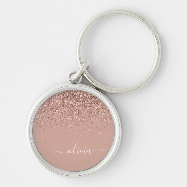 Rose Gold Blush Pink Glitter Script Monogram Girly Keychain (Front)