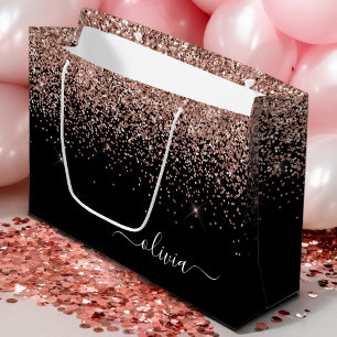 Rose Gold Blush Pink Glitter Script Monogram Girly Large Gift Bag