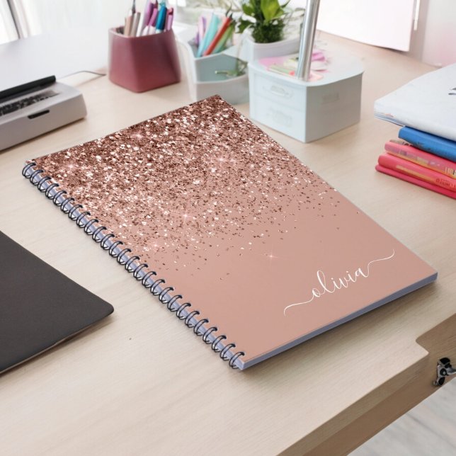 Rose Gold Blush Pink Glitter Script Monogram Girly Notebook (Creator Uploaded)