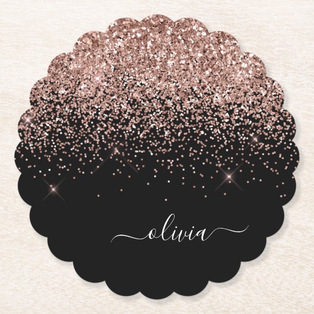 Rose Gold Blush Pink Glitter Script Monogram Girly Paper Coaster (Front)