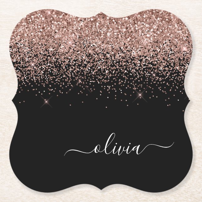 Rose Gold Blush Pink Glitter Script Monogram Girly Paper Coaster (Front)