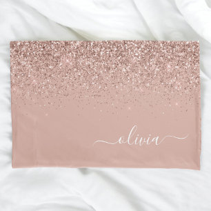 Rose Gold Blush Pink Glitter Script Monogram Girly Pillowcase