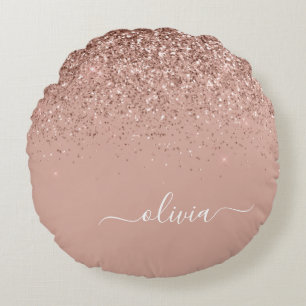 Rose Gold Blush Pink Glitter Script Monogram Girly Round Pillow