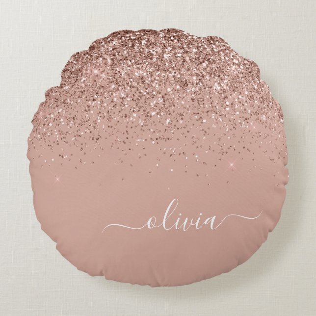 Rose Gold Blush Pink Glitter Script Monogram Girly Round Pillow (Front)