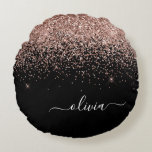 Rose Gold Blush Pink Glitter Script Monogram Girly Round Pillow<br><div class="desc">Black and Rose Gold - Blush Pink Sparkle Glitter Script Monogram Name Pouf Pillow. The pillow makes the perfect sweet 16 birthday,  wedding,  bridal shower,  baby shower or bachelorette party gift for someone decorating her room in rose gold.</div>