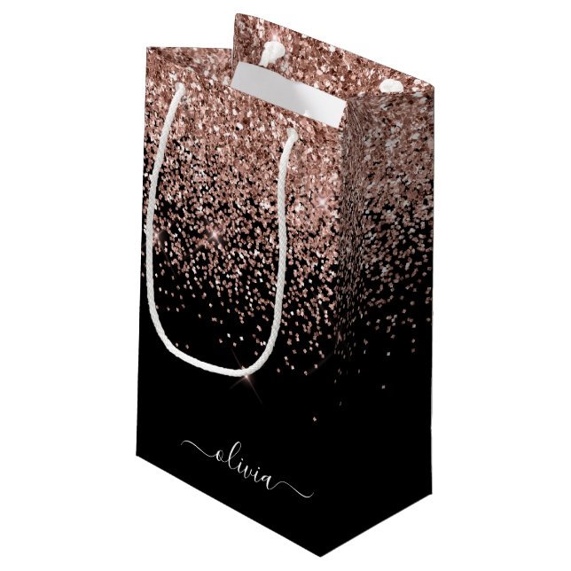 Rose Gold Blush Pink Glitter Script Monogram Girly Small Gift Bag (Back Angled)