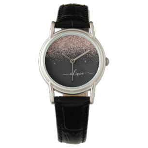 Rose Gold Blush Pink Glitter Script Monogram Girly Watch