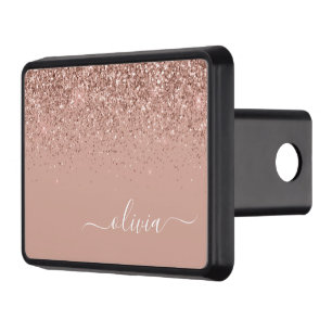 Rose Gold Blush Pink Glitter Script Monogram Trailer Hitch Cover