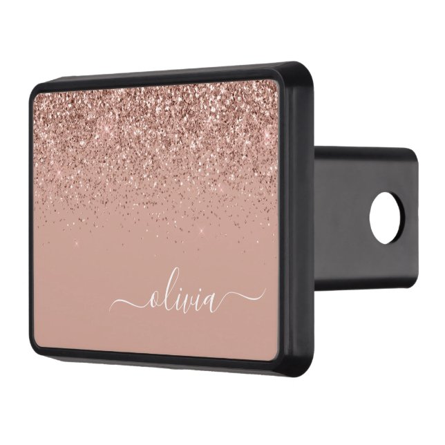 Rose Gold Blush Pink Glitter Script Monogram Trailer Hitch Cover (Left)