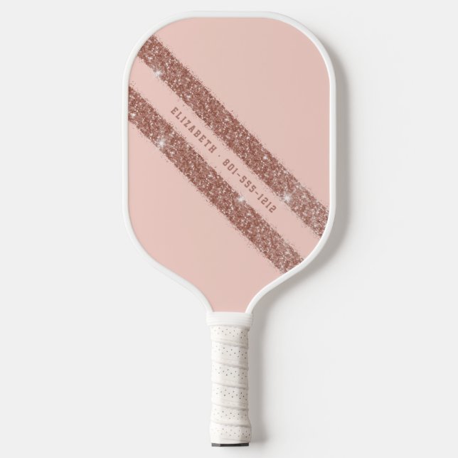 Rose Gold Blush Pink Glitter Stripe Sporty Pickleball Paddle (Front)