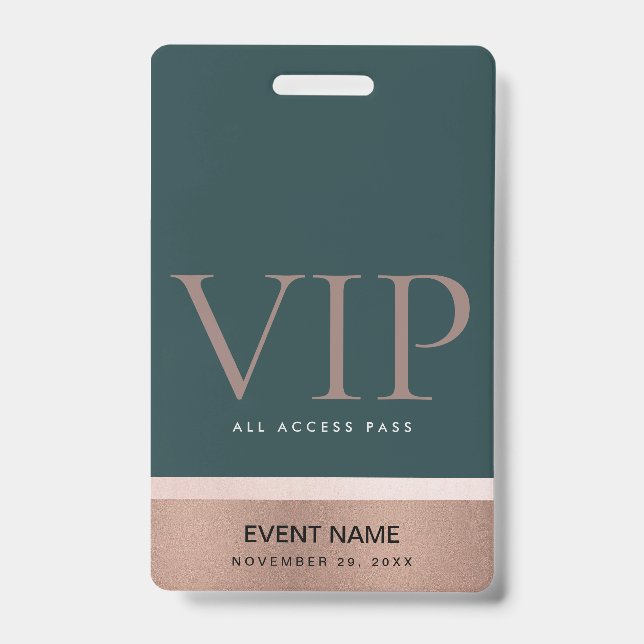 ROSE GOLD BLUSH PINK GREEN VIP EVENT ACCESS PASS BADGE (Front)