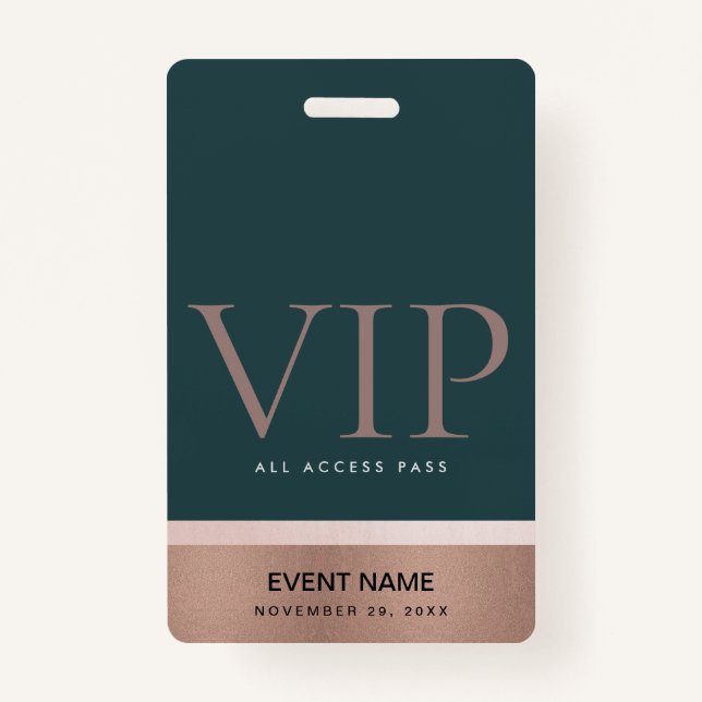 ROSE GOLD BLUSH PINK GREEN VIP EVENT ACCESS PASS BADGE (Front)