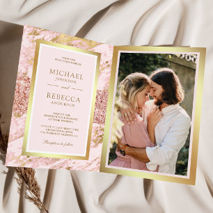 Rose Gold Blush Pink Marble Photo QR Code Wedding  Invitation