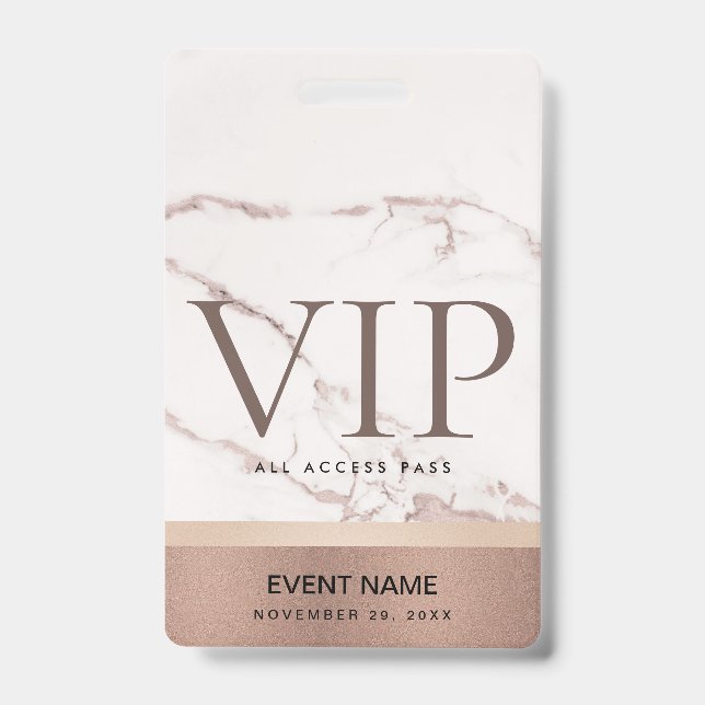 ROSE GOLD BLUSH PINK MARBLE VIP EVENT ACCESS PASS BADGE (Front)