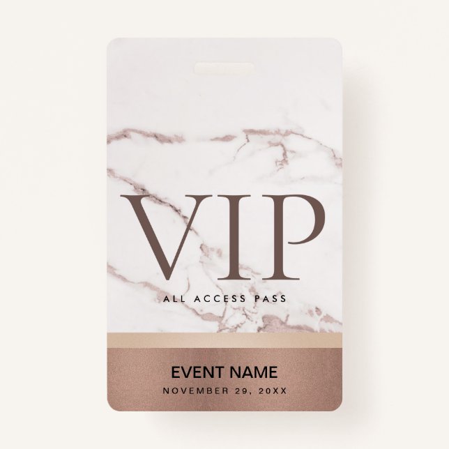 ROSE GOLD BLUSH PINK MARBLE VIP EVENT ACCESS PASS BADGE (Front)