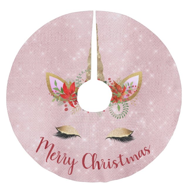 Rose Gold - Blush Pink Merry Christmas Unicorn Brushed Polyester Tree Skirt (Front)