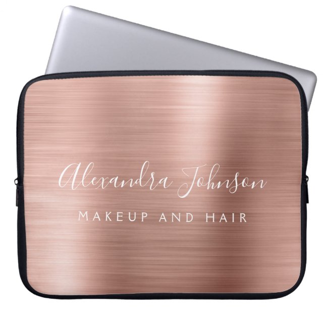 Rose Gold - Blush Pink Metallic Monogram Business Laptop Sleeve (Front)