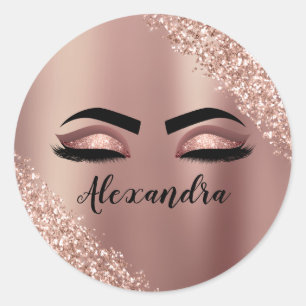 Rose Gold Blush Pink Monogram Glitter Eyelashes Classic Round Sticker