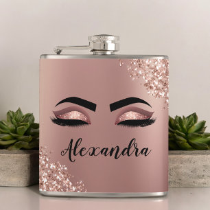 Rose Gold Blush Pink Monogram Glitter Eyelashes Hip Flask