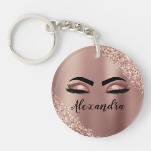 Rose Gold Blush Pink Monogram Glitter Eyelashes Keychain