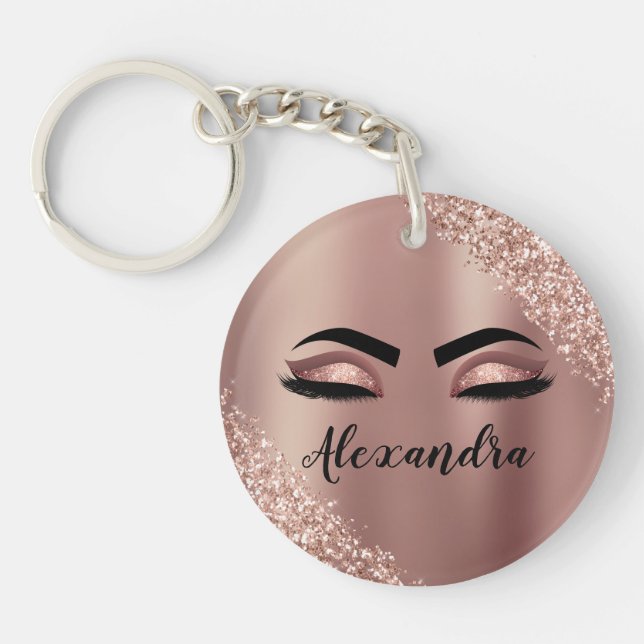 Rose Gold Blush Pink Monogram Glitter Eyelashes Keychain (Front)