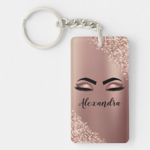 Rose Gold Blush Pink Monogram Glitter Eyelashes Keychain