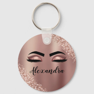 Rose Gold Blush Pink Monogram Glitter Eyelashes Keychain