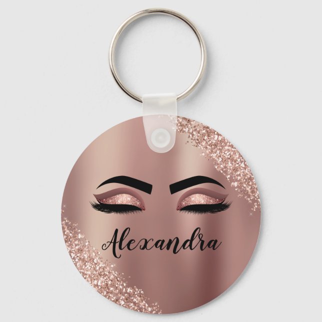 Rose Gold Blush Pink Monogram Glitter Eyelashes Keychain (Front)