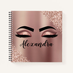 Rose Gold Blush Pink Monogram Glitter Eyelashes Notebook