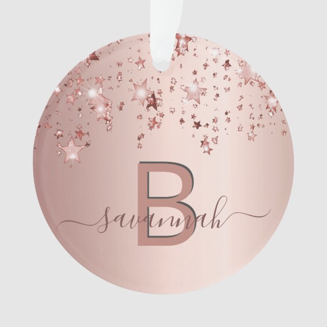 Rose gold  blush pink monogram stars dripping ornament (Front)