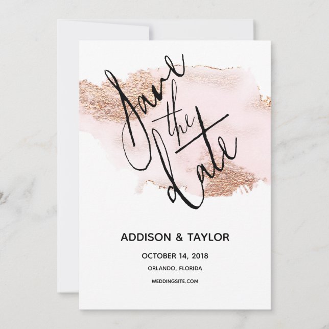 Rose gold blush pink save the date watercolor card (Front)
