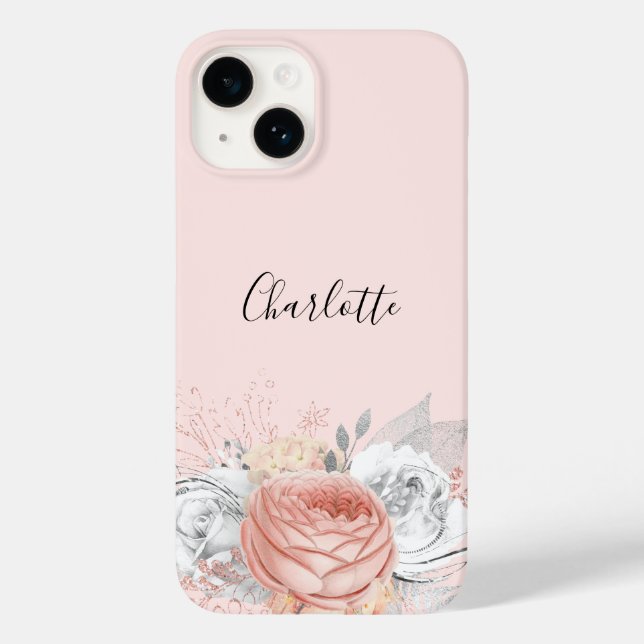 Rose gold blush pink silver foliage name elegant Case-Mate iPhone case (Back)